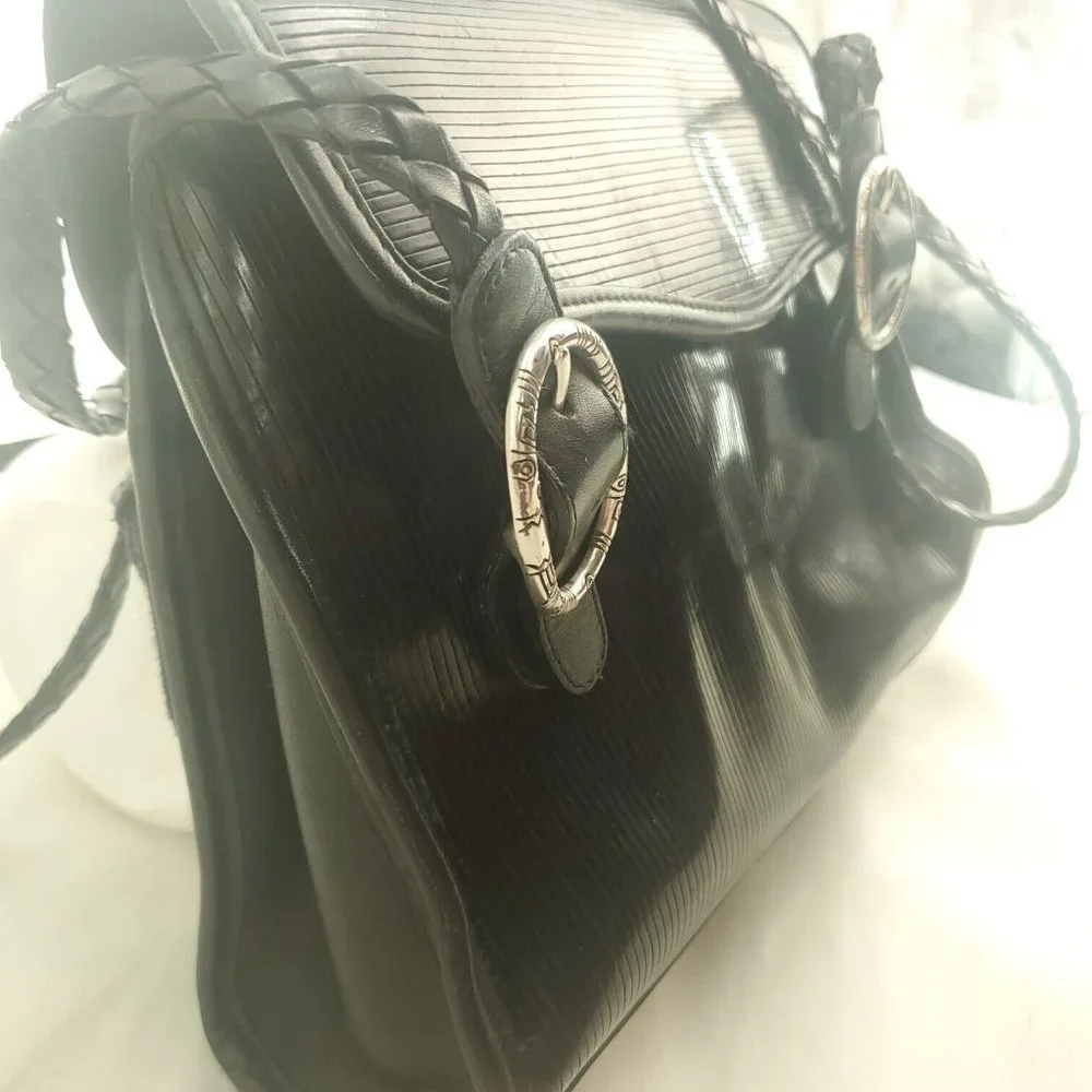 Brighton Womens Black Striped Leather Flap Front Braided Straps Satchel Bag